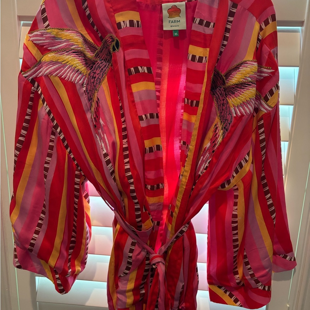 FARM Rio Colorful Striped Kimono with Embroidered Birds